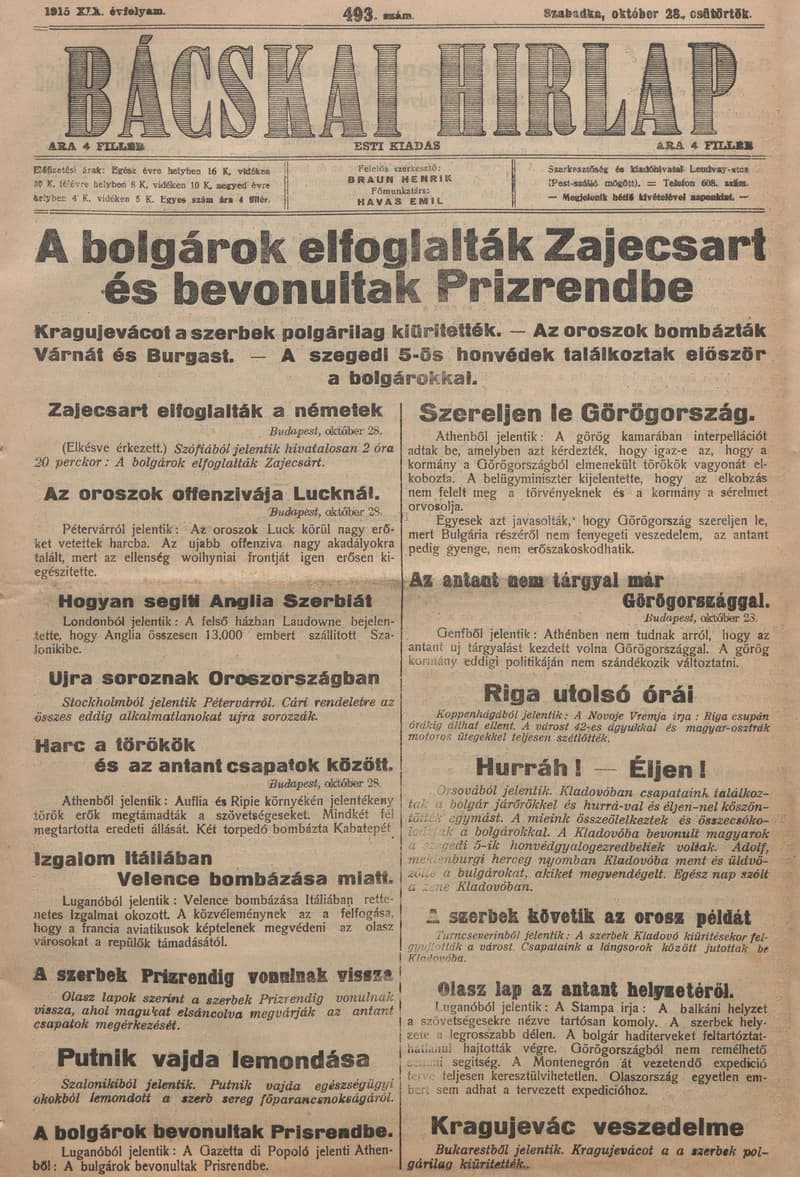 Bácskai Hirlap, 19. évf. 1915. október 28. 493. sz.