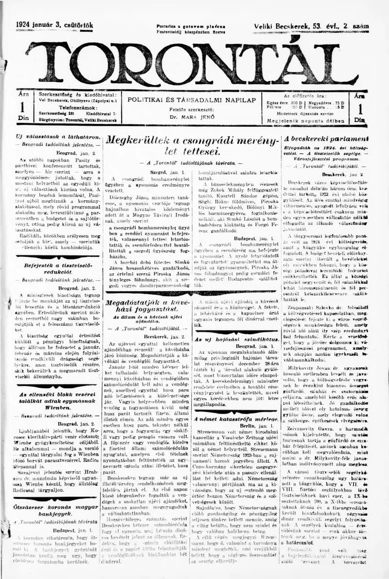 Torontál, 53. évf. 1924. január 3. 2. sz.