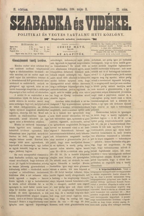 Szabadka és vidéke II, 4. évf. 1896. május 31. 22. sz.