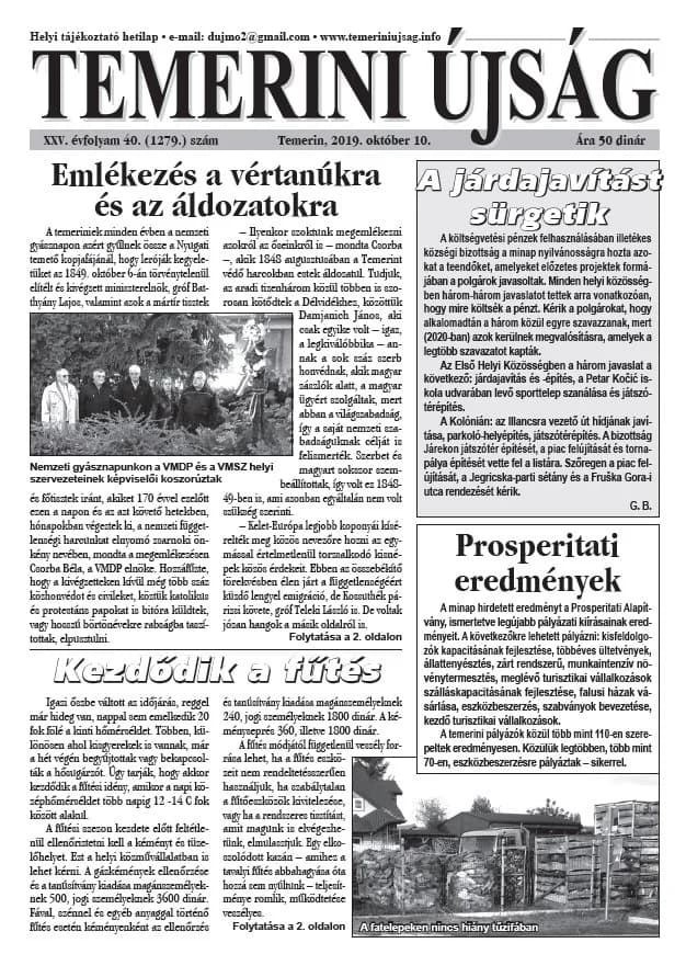 Temerini Újság, 25. évf. 2019. október 10. 40. sz.