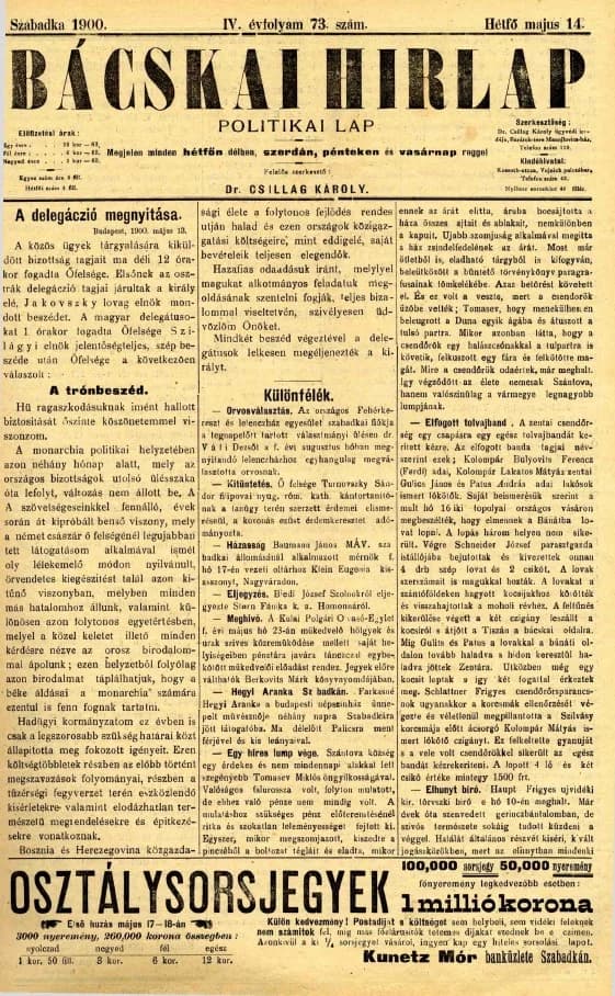 Bácskai Hirlap, 4. évf. 1900. május 14. 73. sz.