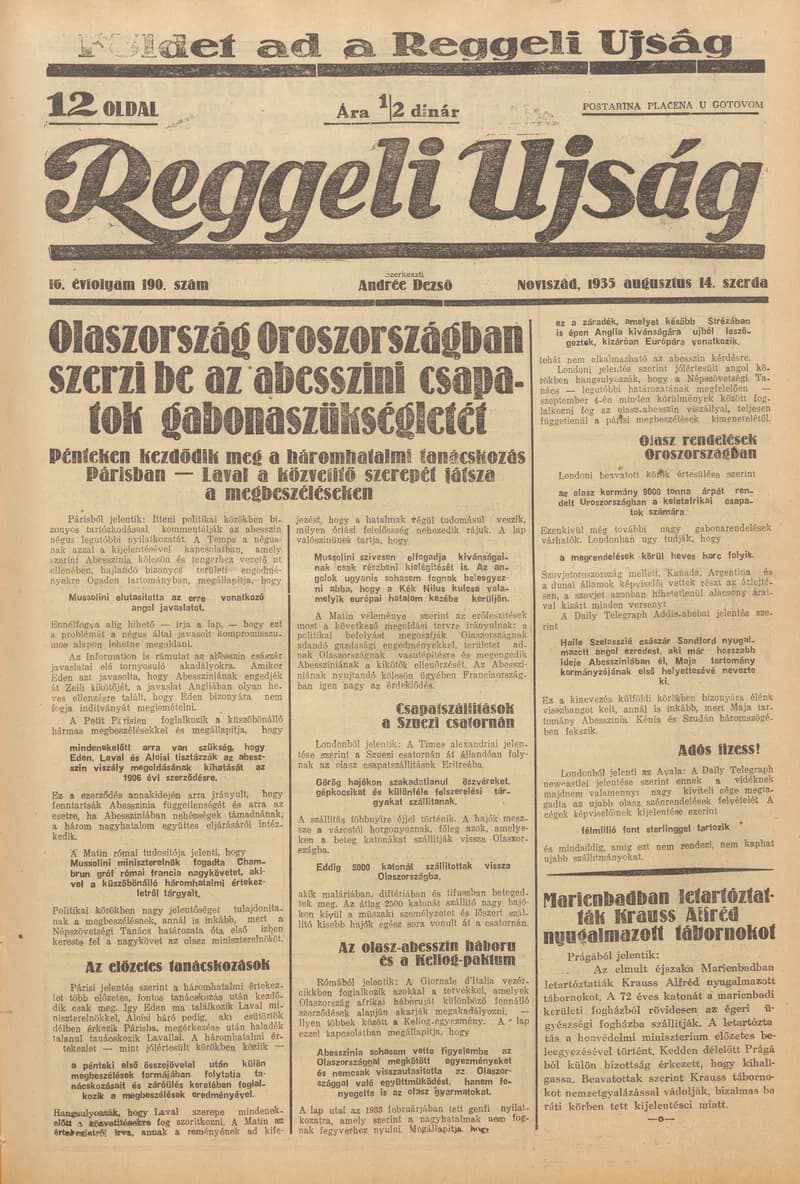 Reggeli Újság, 16. évf. 1935. augusztus 14. 190. sz.