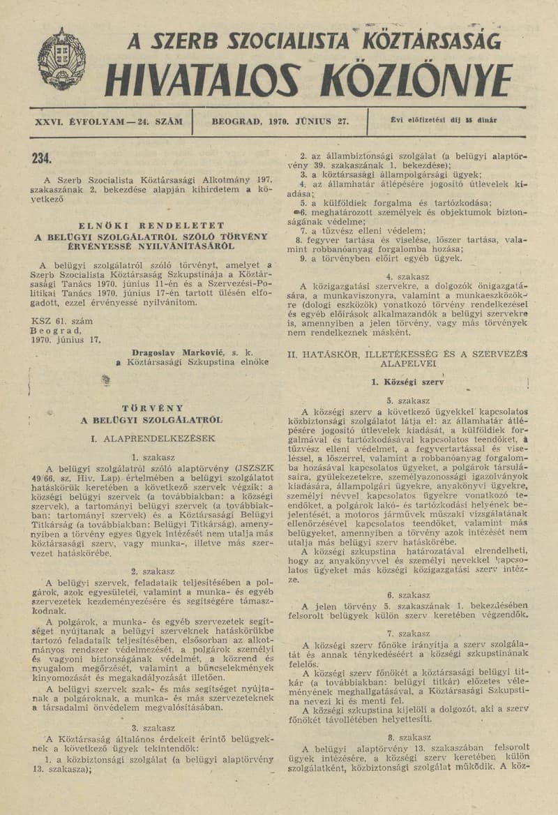 A Szerb Szocialista Köztársaság Hivatalos Közlönye, 26. évf. 1970. június 27. 24. sz. 617–624. oldal