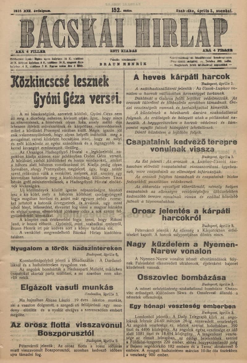 Bácskai Hirlap, 19. évf. 1915. április 3. 152. sz.