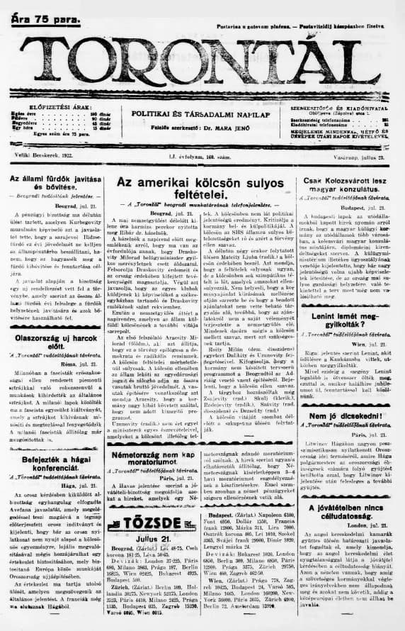 Torontál, 51. évf. 1922. július 23. 160. sz.