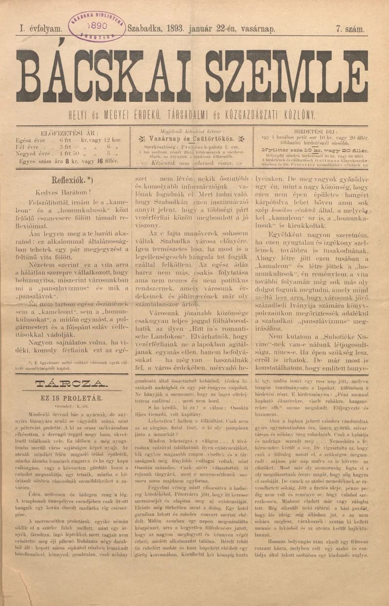 Bácskai Szemle, 1. évf. 1893. január 22. 7. sz.