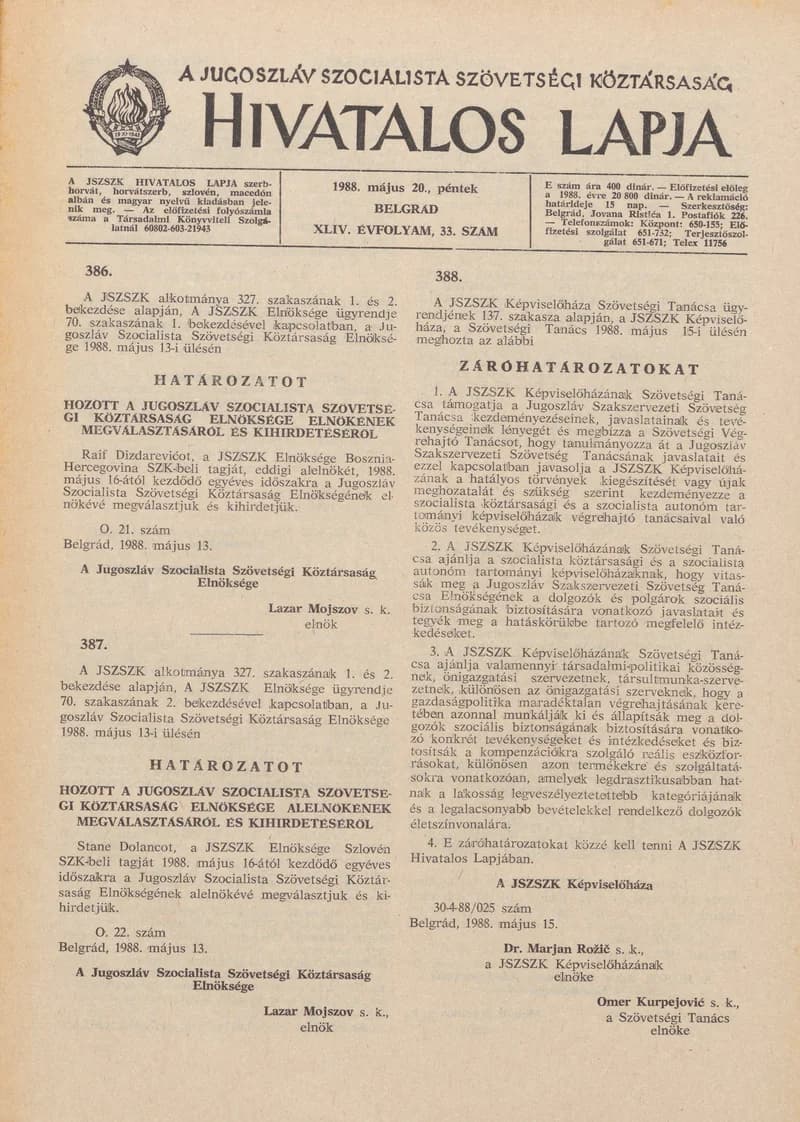 A Jugoszláv Szocialista Szövetségi Köztársaság Hivatalos Lapja, 44. évf. 1988. május 20. 33. sz. 869–884. oldal