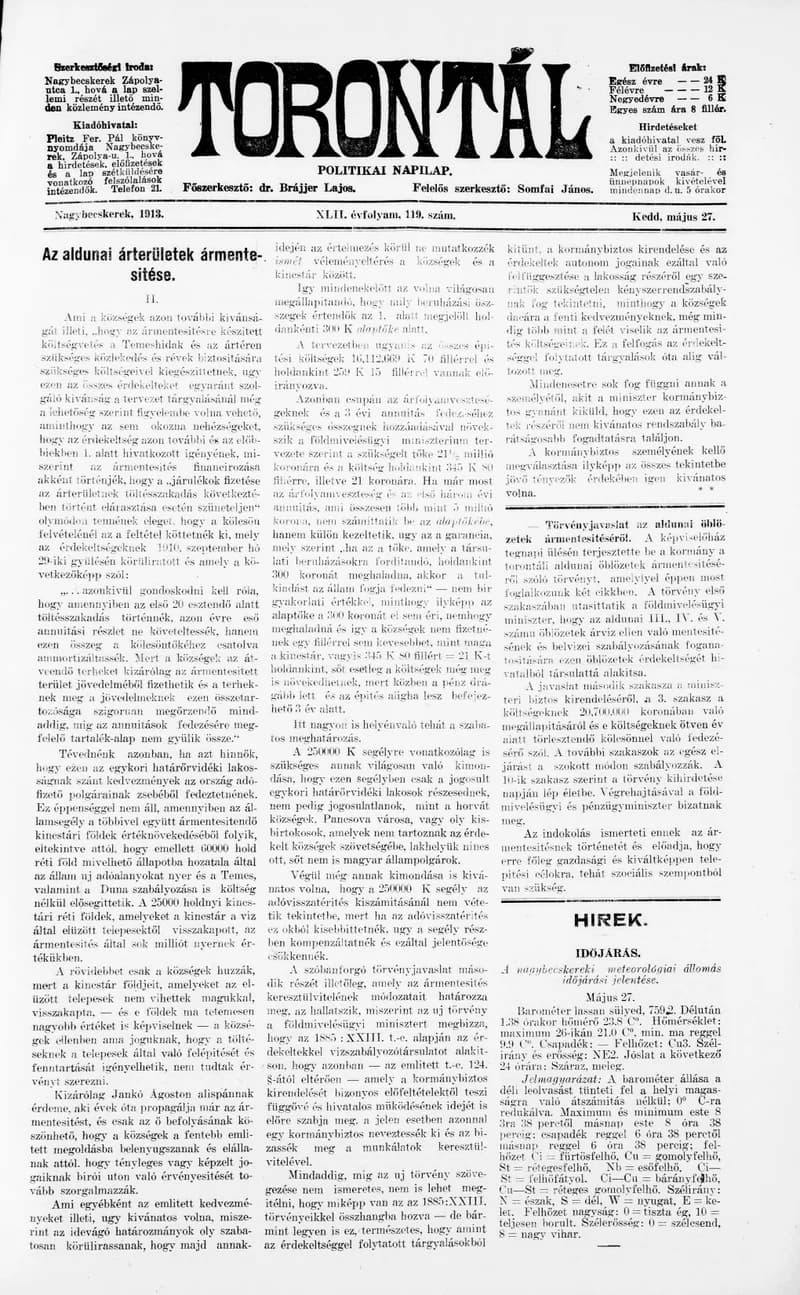 Torontál, 42. évf. 1913. május 27. 119. sz.