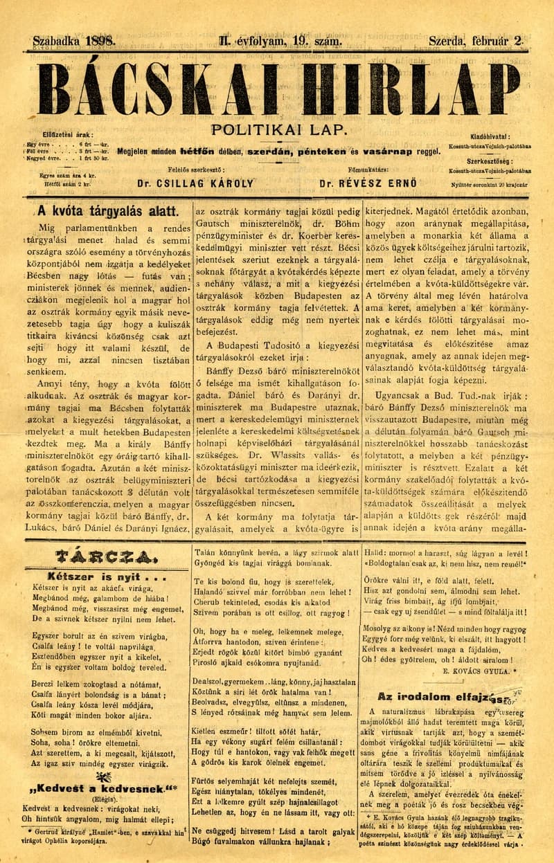Bácskai Hirlap, 2. évf. 1898. február 2. 19. sz. 1–4. oldal