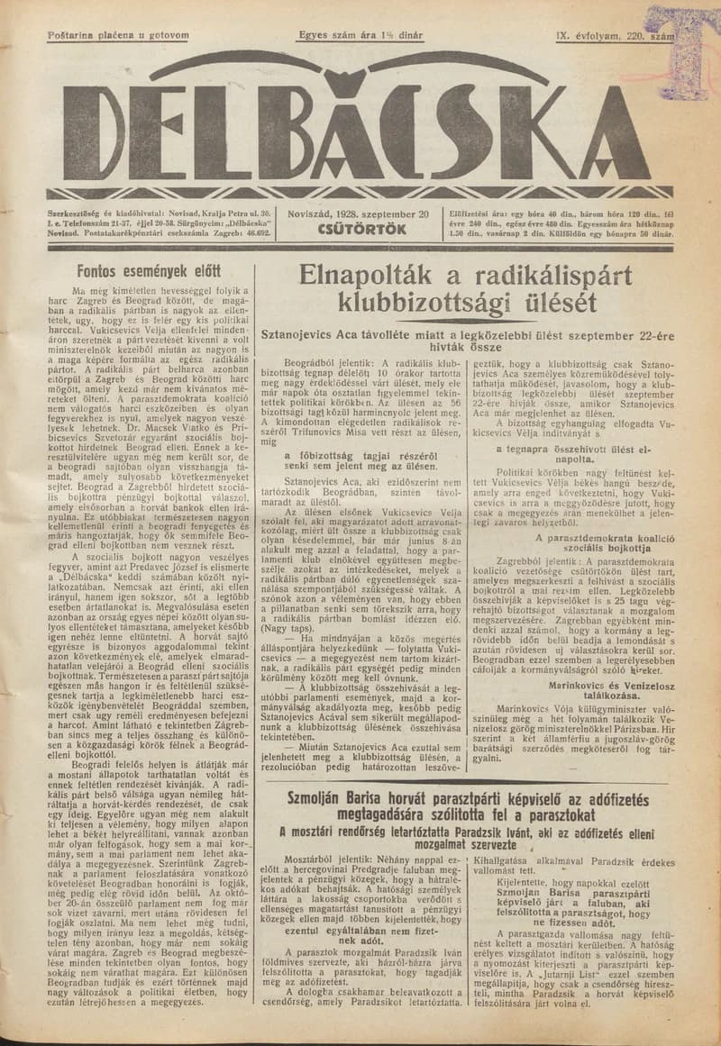 Délbácska, 9. évf. 1928. szeptember 20. 220. sz.