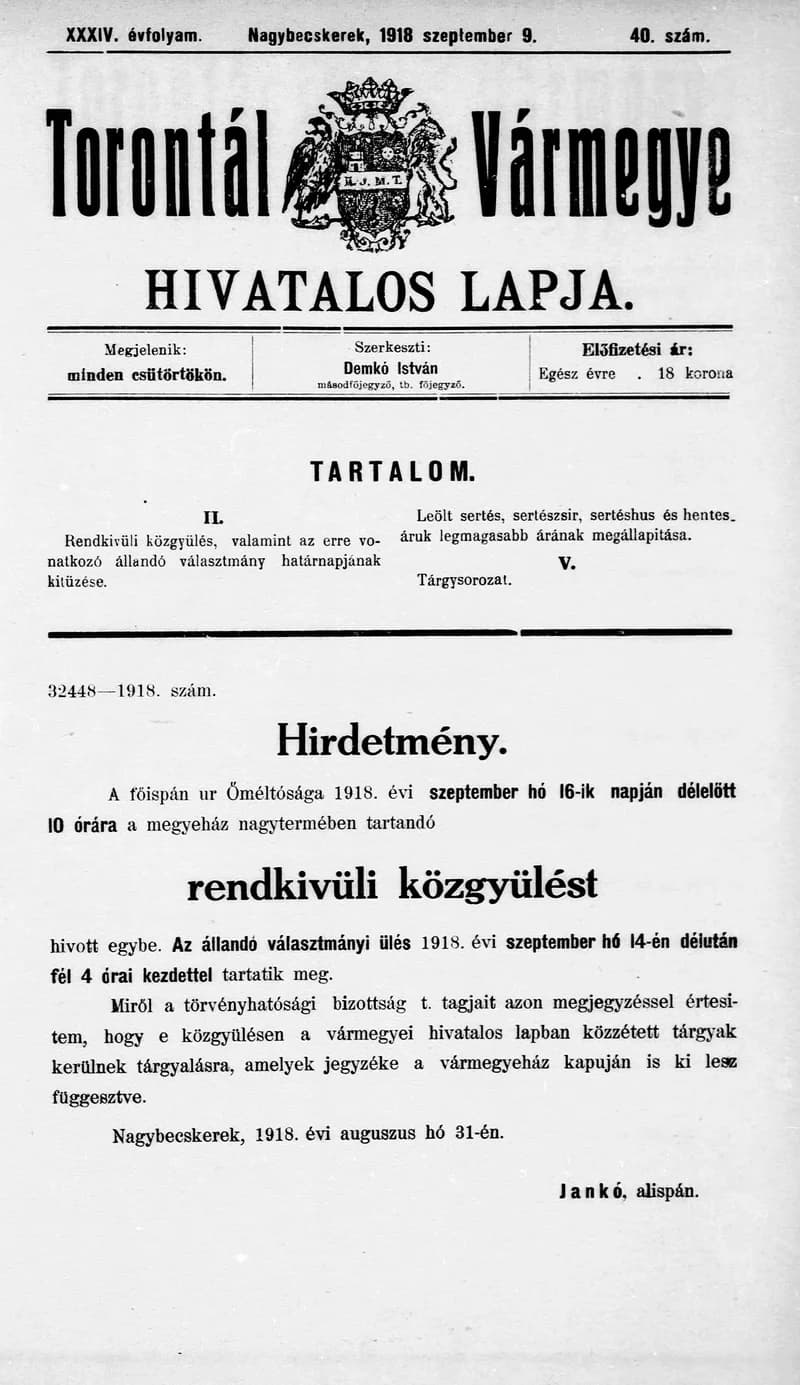 Torontál Vármegye Hivatalos Lapja, 34. évf. 1918. szeptember 9. 40. sz.