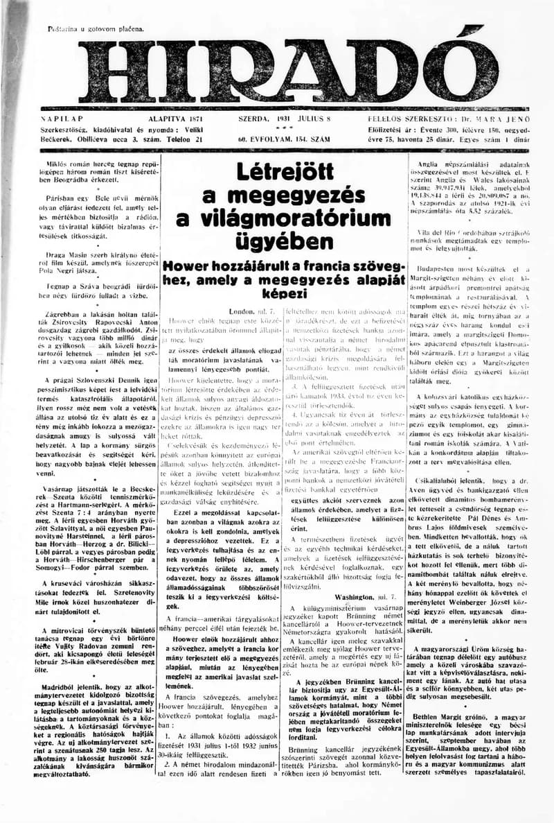 Híradó, 60. évf. 1931. július 8. 154. sz.