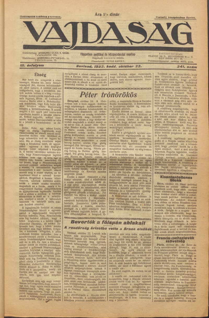 Vajdaság, 3. évf. 1923. október 23. 241. sz.