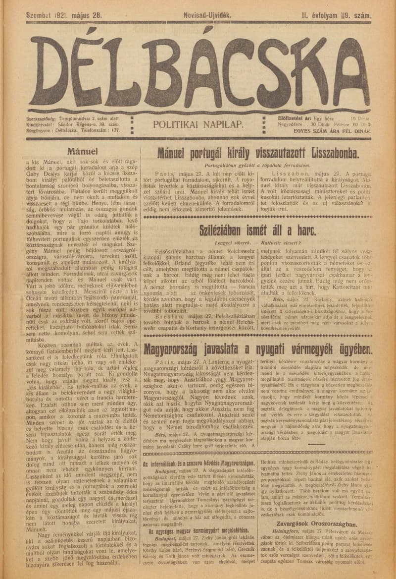 Délbácska, 2. évf. 1921. május 28. 119. sz.