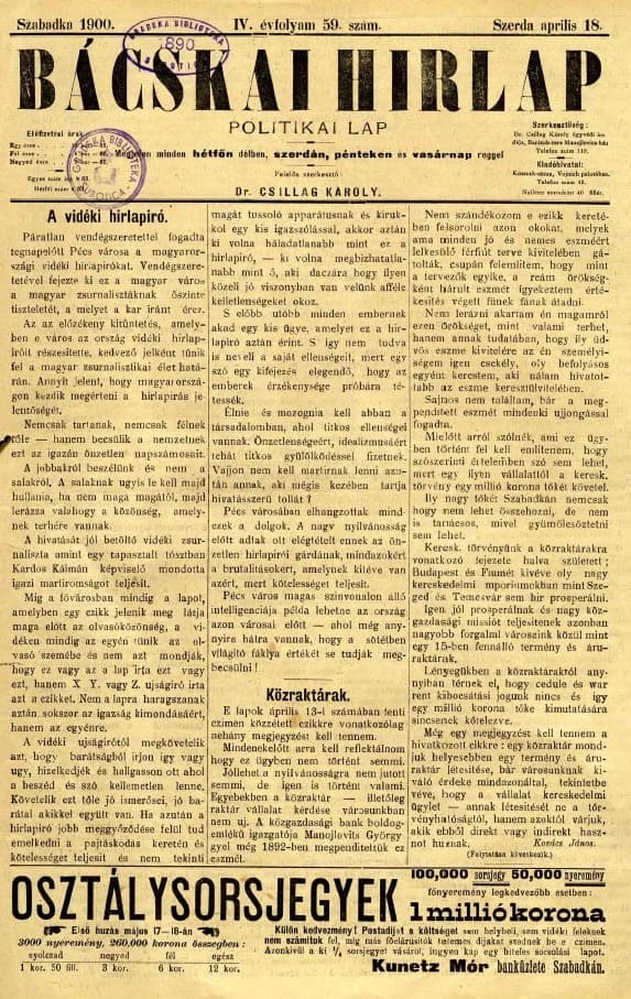 Bácskai Hirlap, 4. évf. 1900. április 18. 59. sz.