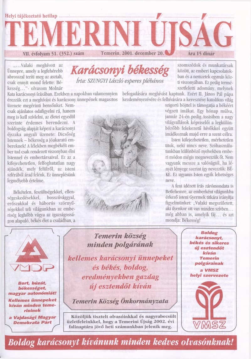 Temerini Újság, 7. évf. 2001. december 20. 51. sz.