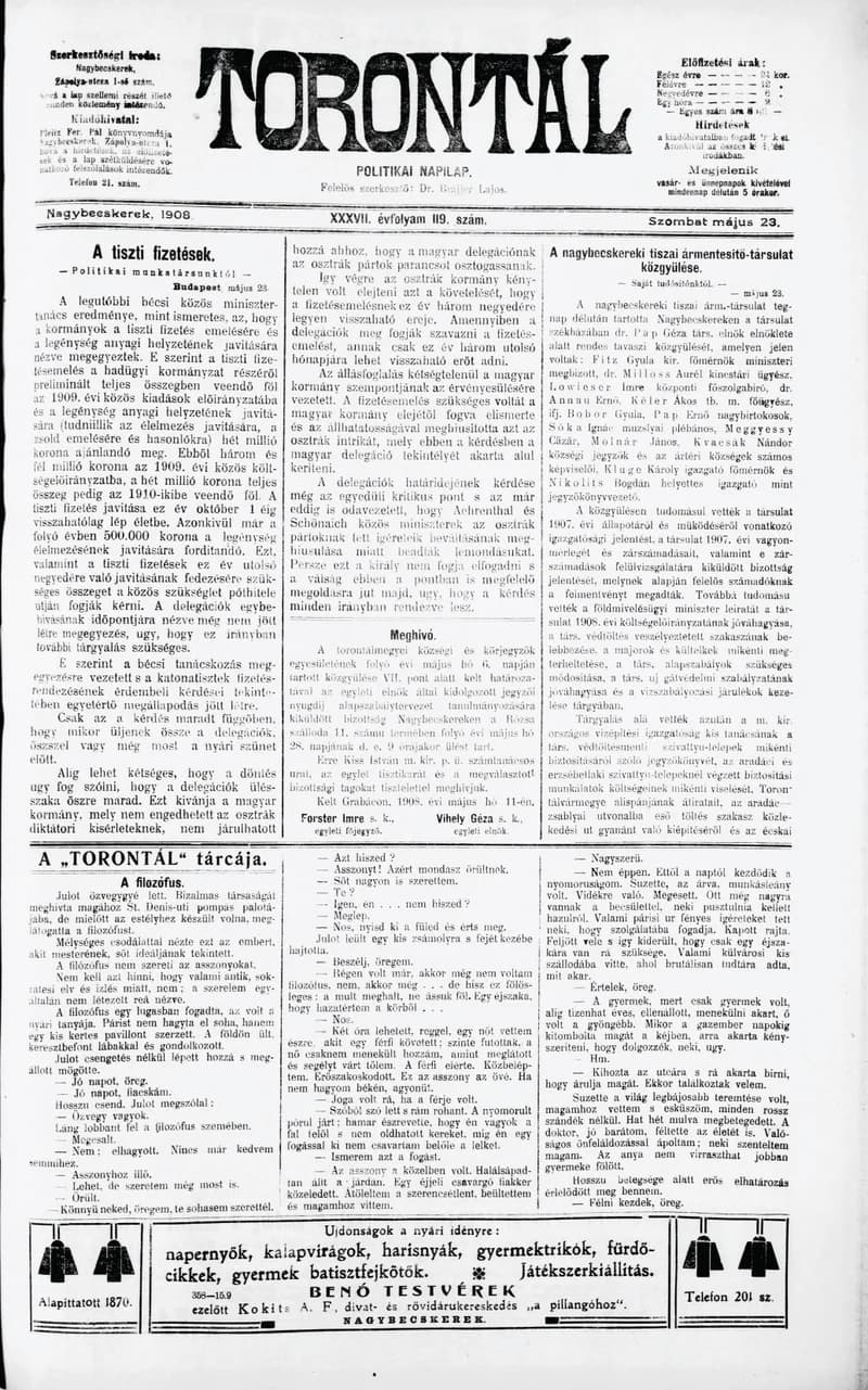 Torontál, 37. évf. 1908. május 23. 119. sz.