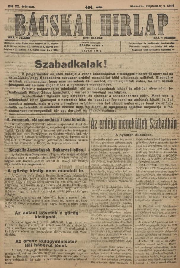 Bácskai Hirlap, 20. évf. 1916. szeptember 4. 404. sz.
