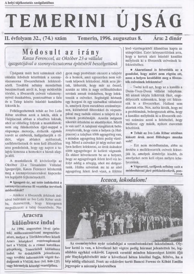 Temerini Újság, 2. évf. 1996. augusztus 8. 32. sz.