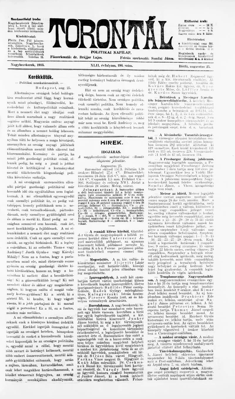 Torontál, 42. évf. 1913. augusztus 25. 194. sz.