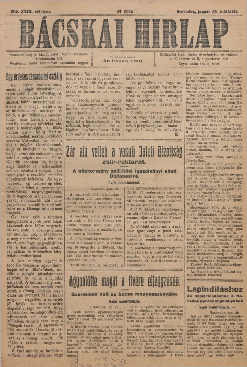 Bácskai Hirlap, 23. évf. 1919. január 30. 24. sz.