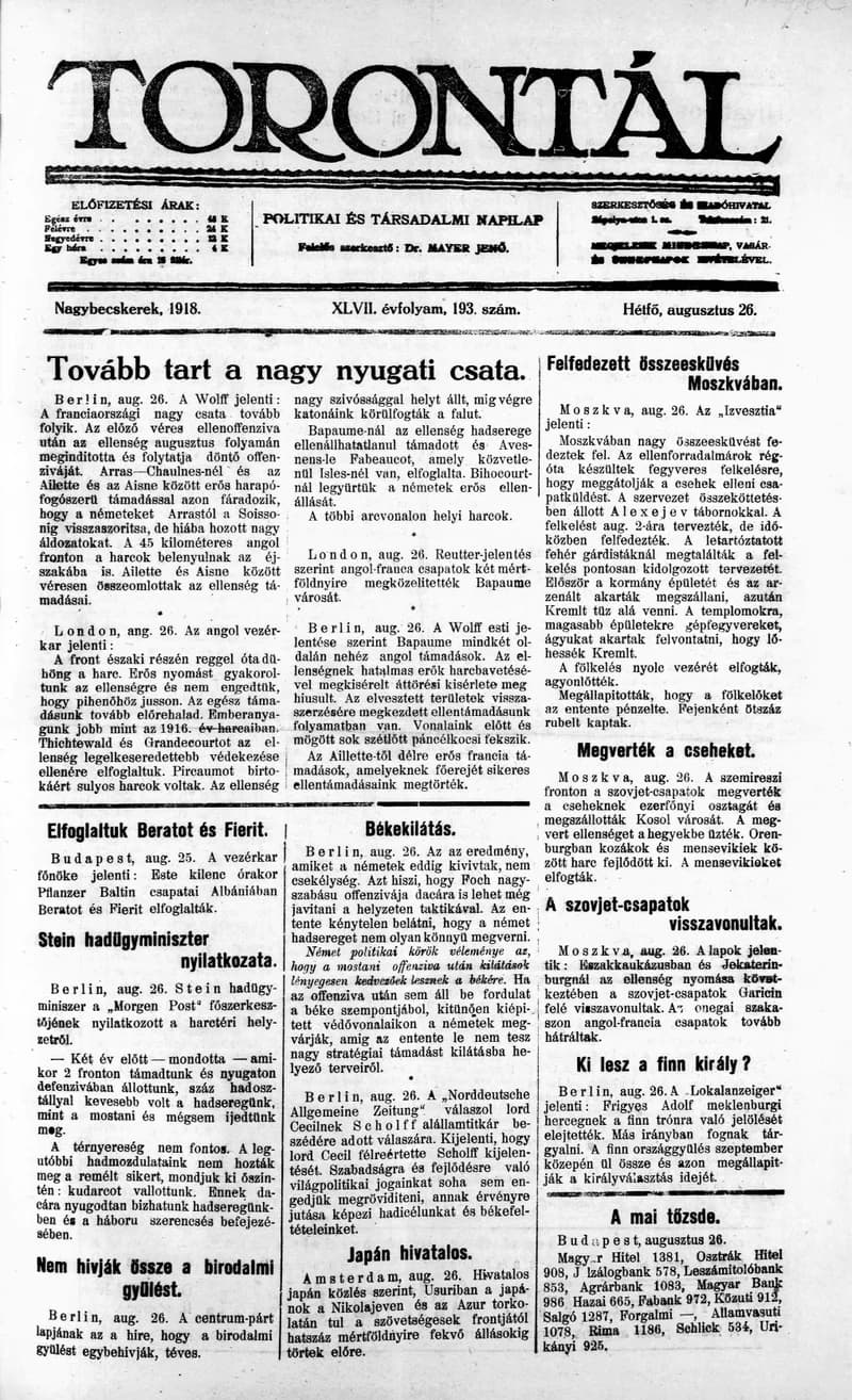 Torontál, 47. évf. 1918. augusztus 26. 193. sz.