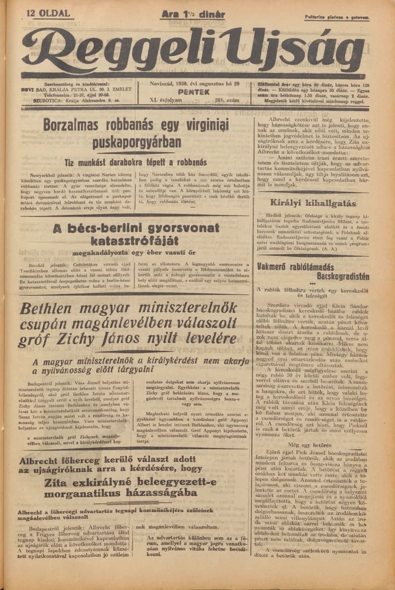 Reggeli Újság, 11. évf. 1930. augusztus 29. 201. sz.