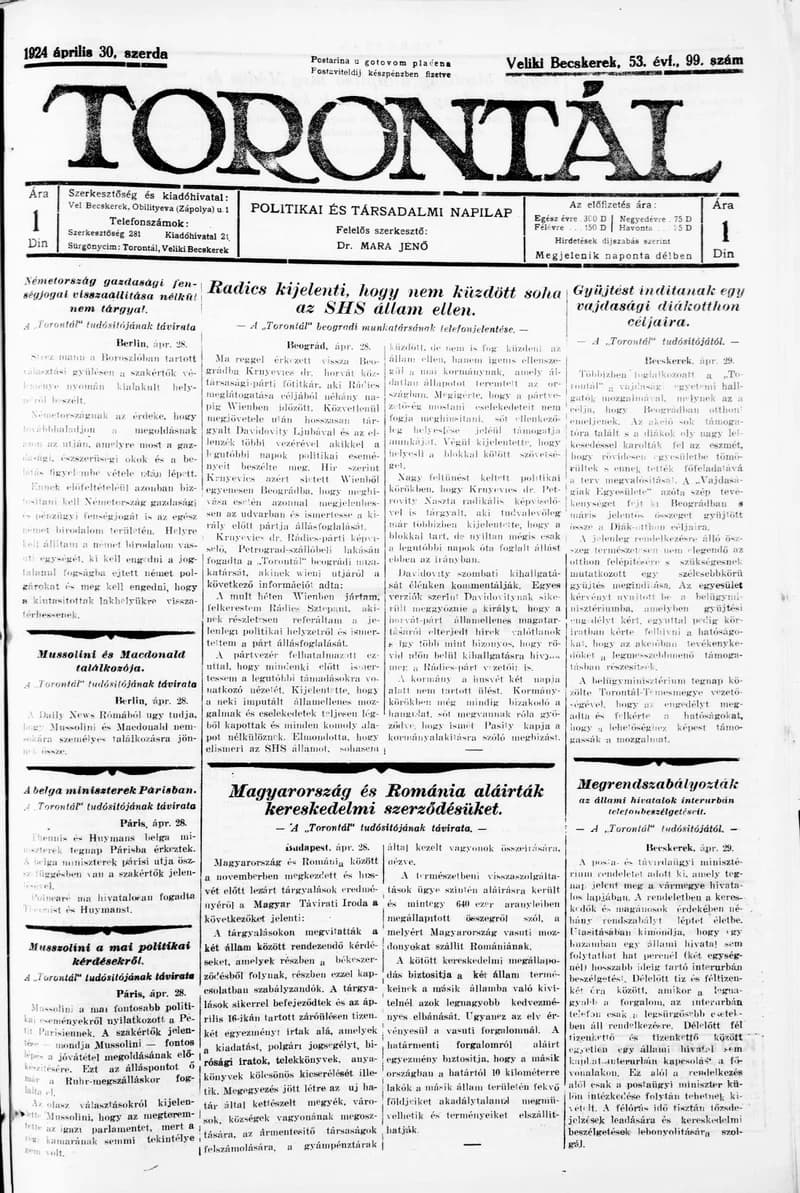 Torontál, 53. évf. 1924. április 30. 99. sz.