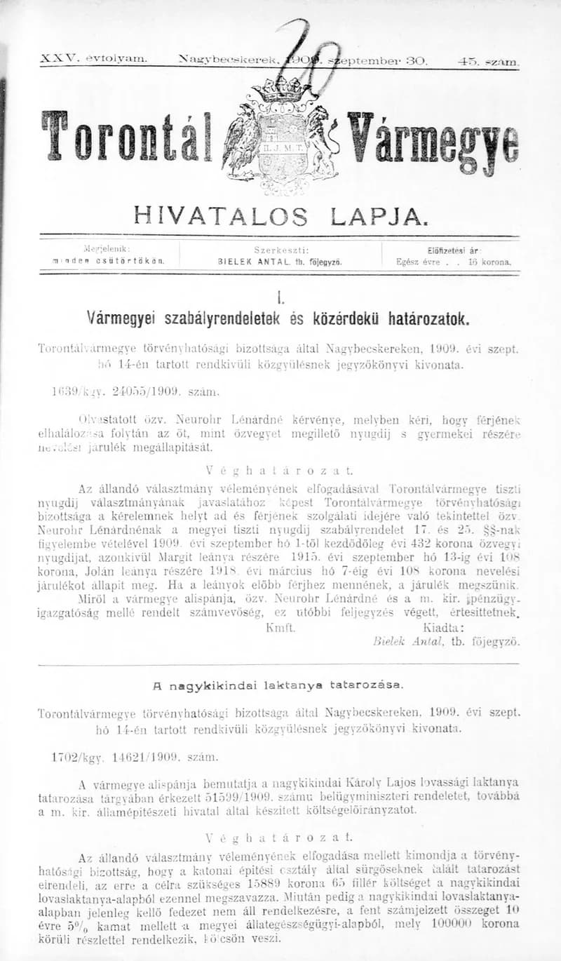 Torontál Vármegye Hivatalos Lapja, 25. évf. 1909. szeptember 30. 45. sz.