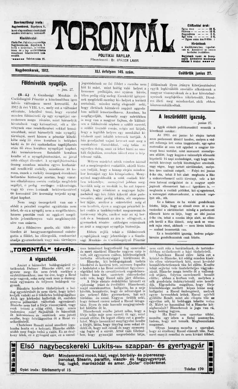 Torontál, 41. évf. 1912. június 27. 145. sz.
