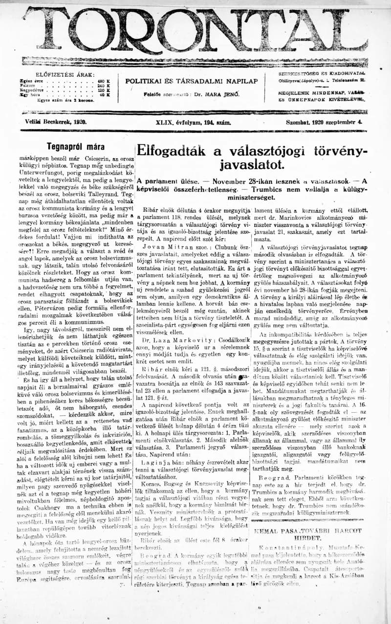 Torontál, 49. évf. 1920. szeptember 4. 194. sz.