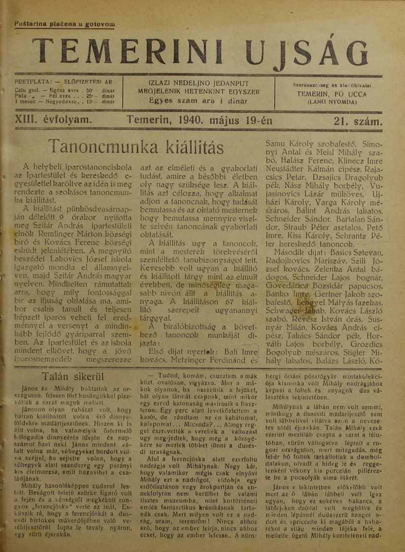 Temerini Újság 1928-1944, 13. évf. 1940. május 19. 21. sz.