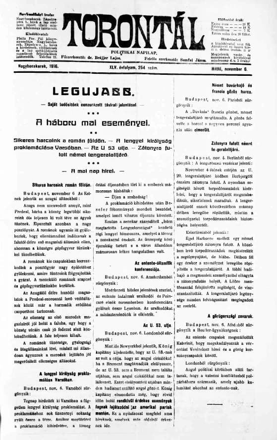 Torontál, 45. évf. 1916. november 6. 254. sz.