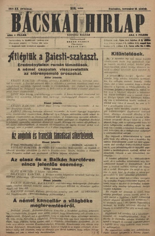 Bácskai Hirlap, 20. évf. 1916. november 10. 515. sz.