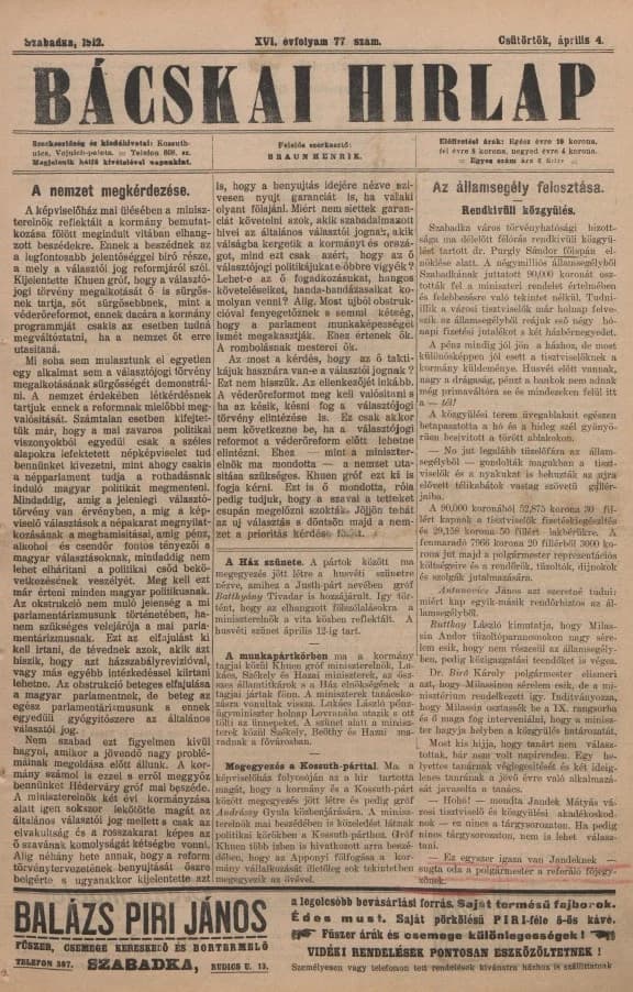Bácskai Hirlap, 16. évf. 1912. április 4. 77. sz.