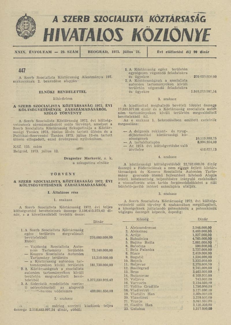 A Szerb Szocialista Köztársaság Hivatalos Közlönye, 29. évf. 1973. július 21. 29. sz. 905–952. oldal