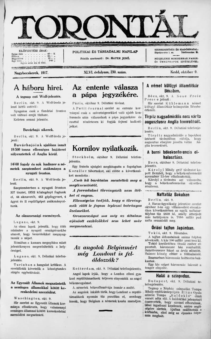 Torontál, 46. évf. 1917. október 9. 230. sz.