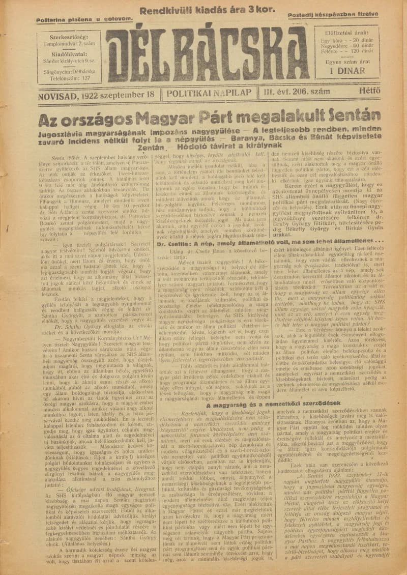 Délbácska, 3. évf. 1922. szeptember 18. 206. sz.