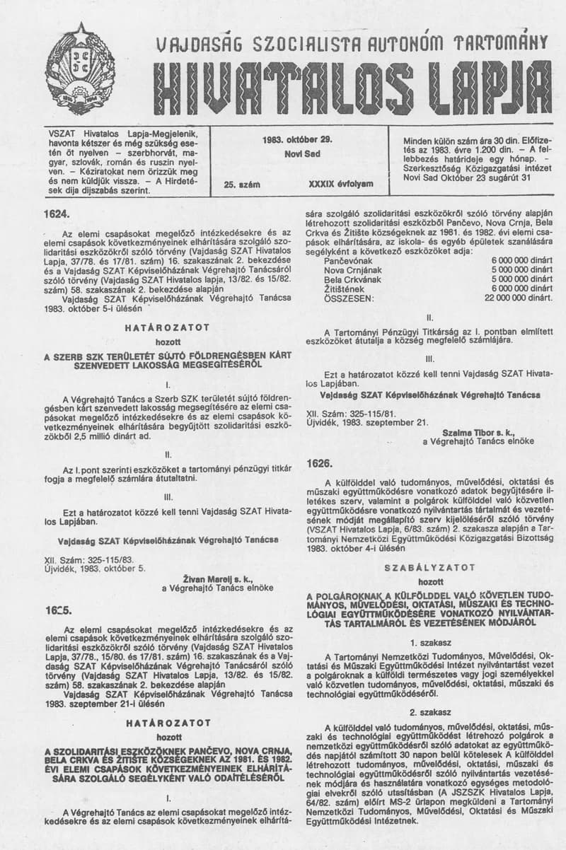 Vajdaság Szocialista Autonóm Tartomány Hivatalos Lapja, 39. évf. 1983. október 29. 25. sz.