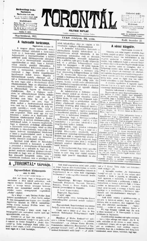 Torontál, 32. évf. 1903. december 22. 291. sz.