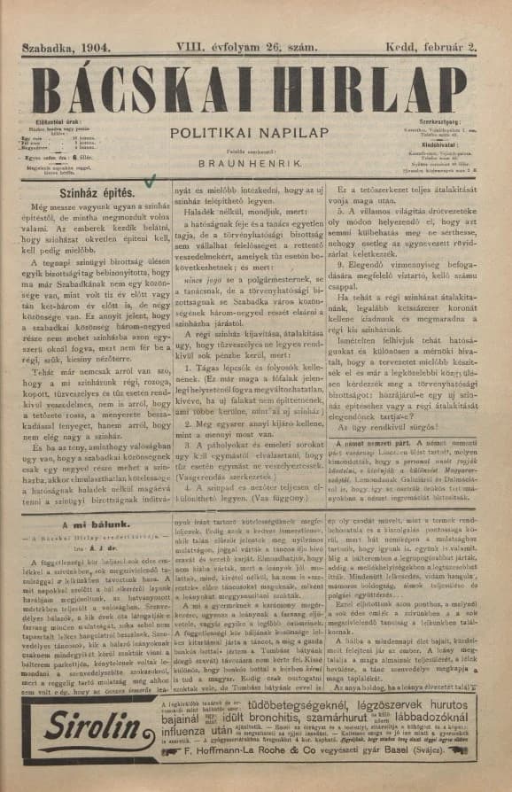 Bácskai Hirlap, 8. évf. 1904. február 2. 26. sz.