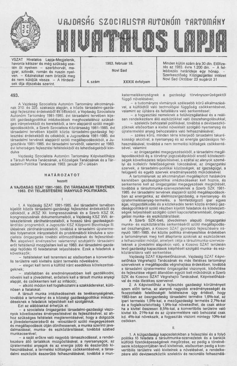 Vajdaság Szocialista Autonóm Tartomány Hivatalos Lapja, 39. évf. 1983. február 18. 4. sz.