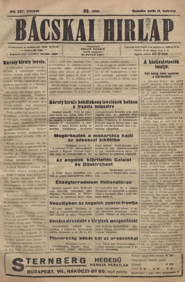 Bácskai Hirlap, 22. évf. 1918. április 14. 86. sz.