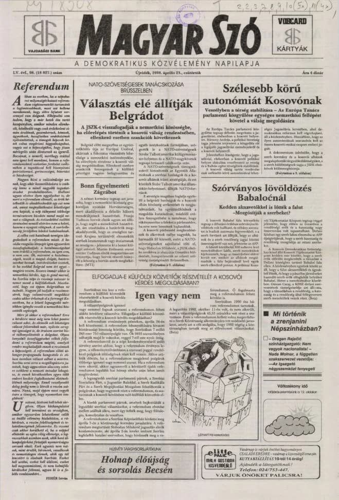 Magyar Szó, 55. évf. 1998. április 23. 98. sz. 1–16. oldal