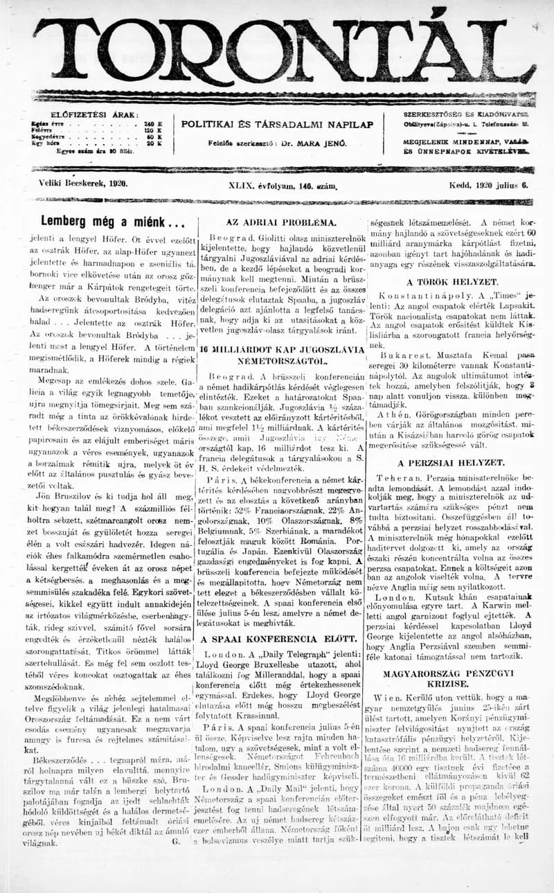 Torontál, 49. évf. 1920. július 6. 146. sz.