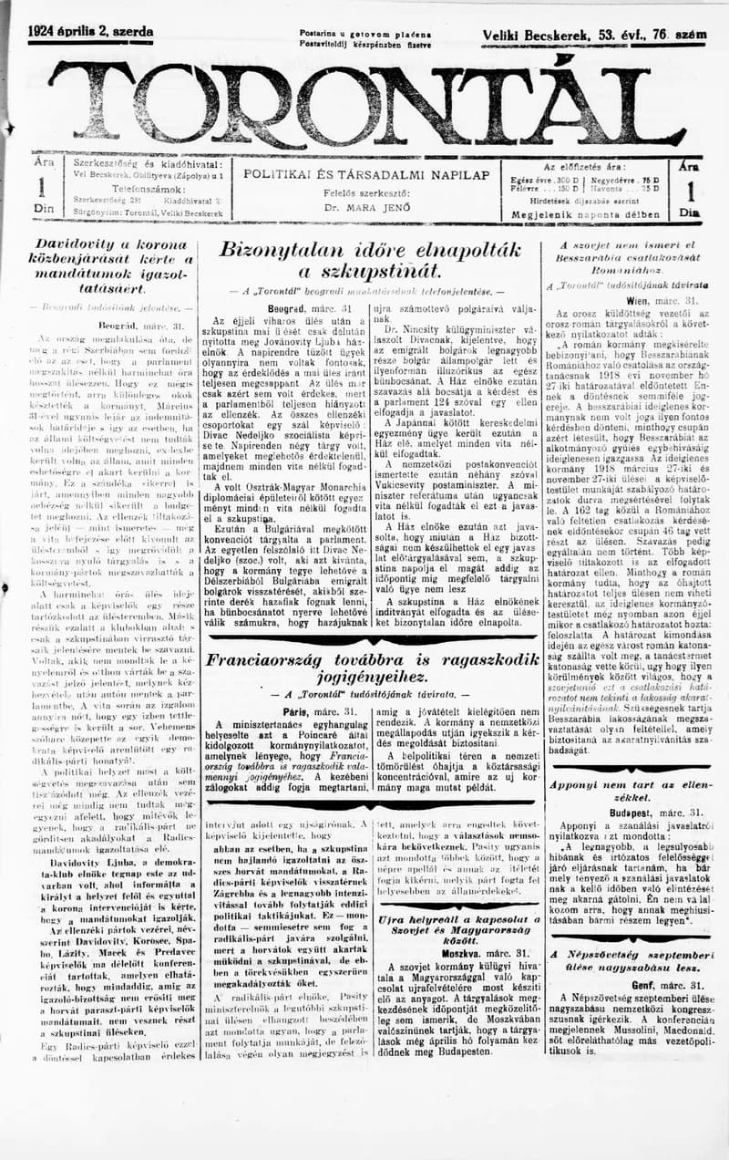 Torontál, 53. évf. 1924. április 2. 76. sz.