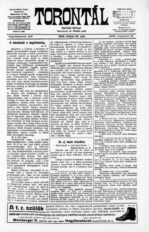 Torontál, 39. évf. 1910. augusztus 22. 189. sz.