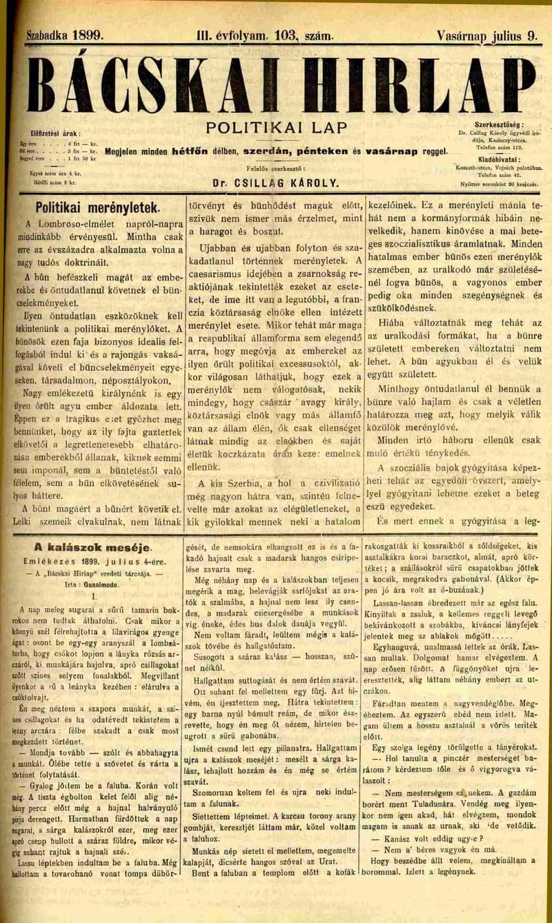 Bácskai Hirlap, 3. évf. 1899. július 9. 103. sz.