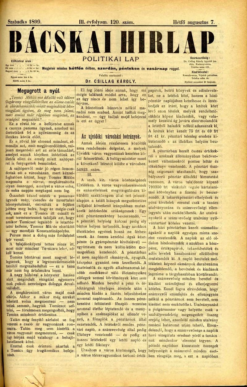Bácskai Hirlap, 3. évf. 1899. augusztus 7. 120. sz.