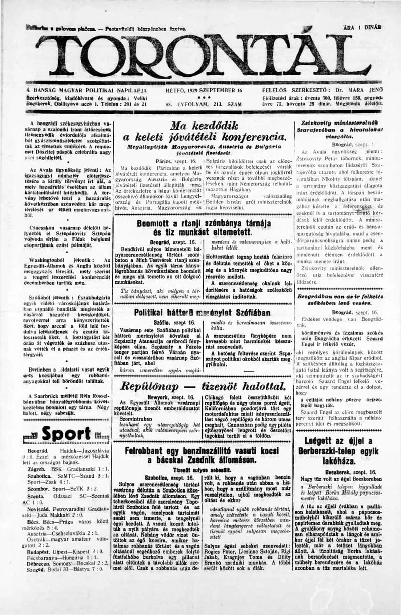 Torontál, 58. évf. 1929. szeptember 16. 213. sz.